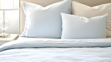 Obraz premium Soft Blue Bedding Enhances Bedroom Comfort and Style with Pillows and Comforter Neatly Arranged on Bed