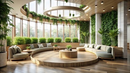 Fototapeta premium Serene Indoor Oasis A Circular Seating Arrangement Surrounded by Lush Greenery and Natural Light, Creating a Peaceful and Tranquil Atmosphere