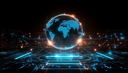 Futuristic digital globe on a technological platform.