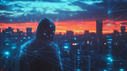 Fototapeta premium Hacker are planning to hack and attack networks and cyber security systems.Smart digital city with connection Innovation network reciprocity over the cityscape
