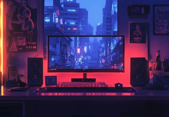Cyberpunk city scene displayed on a computer monitor in a gamer's room with red and blue lighting.