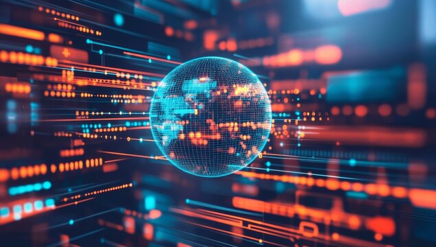 Global network data streams, digital sphere, futuristic technology.