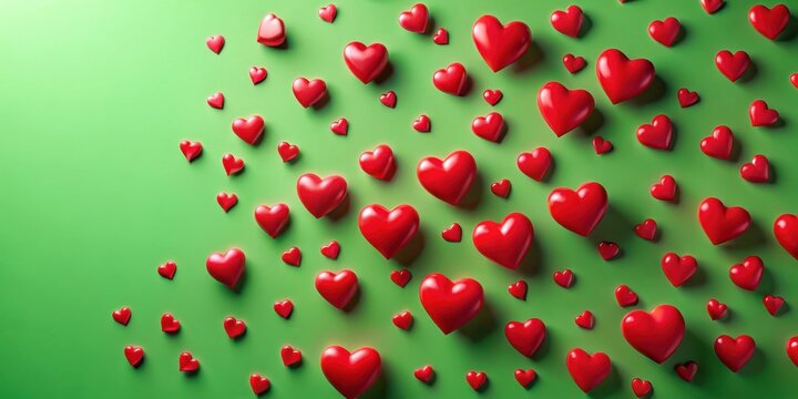 Red hearts scattered on a green background, a delightful design for festive celebrations and romantic expressions of affection.