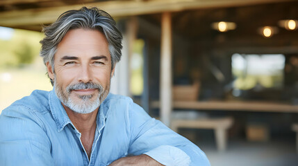Fototapeta premium Portrait of a mature man smiling confidently with folded arms outdoors.