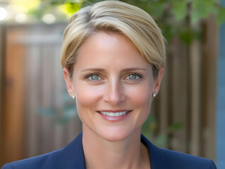 Fototapeta premium Smiling Blonde Woman in Blue Blazer Poses Confidently Outdoors