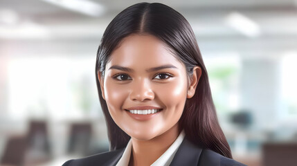 Fototapeta premium Smiling Businesswoman Poses Confidently in Blurred Office Background, Ready for Business Challenges.