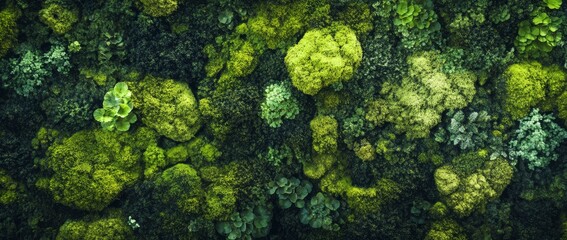 Naklejka premium Lush green wall of moss showcasing diverse textures and shades in a natural setting
