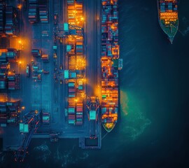 Aerial View of a Cargo Port at Night with Docker Ships and Brightly Lit Containers Creating a Vibrant Industrial Scene Over Calm Waters