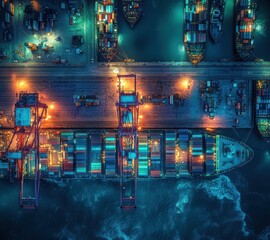 Aerial View of a Busy Shipping Port at Night with Container Vessels, Cranes, and Vibrant Lights in a Vibrant Maritime Setting