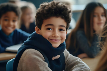 Smiling Elementary Student Sits in Classroom, Ready to Learn, Engaging with Education Enthusiastically