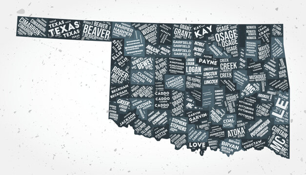 Oklahoma counties word clouds. State shape on textured background. Oklahoma design in typographic style. Amazing vector illustration.