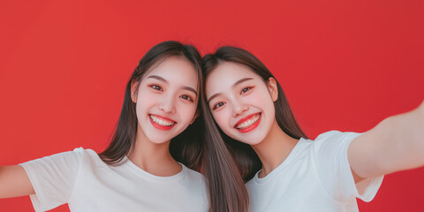 Two young Asian women, smiling and waving at the camera while taking selfies against a red background, generative AI
