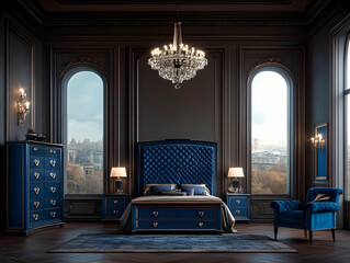 Luxurious Blue Bedroom Interior Design with City View and Elegant Furniture