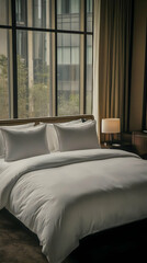 Fototapeta premium Crisp White Bedding Invites Relaxation in a Modern Hotel Room with City Views