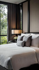 Fototapeta premium Modern Bedroom Interior Design Features a Cozy Bed with Grey Pillows and Green View
