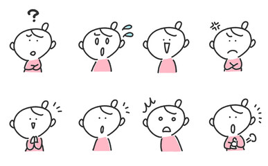 漫画風の様々な表情の女性セット　悩む・怒る・なるほど・気づく