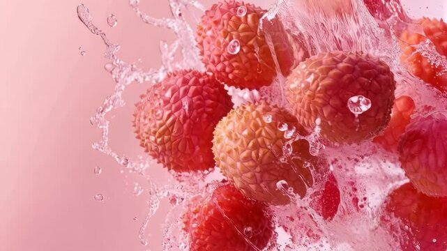 Juicy litchis splashing in water with vibrant motion and colorful energy