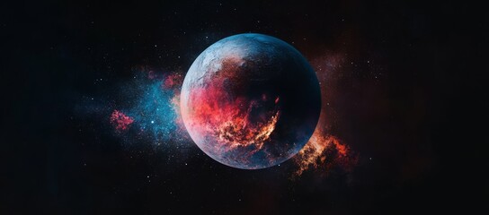 Celestial display featuring a planet amidst vibrant cosmic phenomena in deep space
