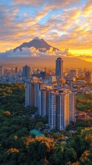 Naklejka premium Stunning Urban Skyline Against Lush Greenery and Volcanic Backdrop with Golden Sunset in Yogyakarta Captured at Sunrise - High-rise Buildings Majestic Atmosphere
