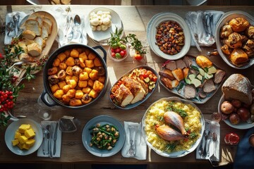 Festive Dinner Table Setting with a Variety of Delicious Dishes Including Roasted Vegetables, Homemade Bread, and Colorful Salads for a Memorable Celebration