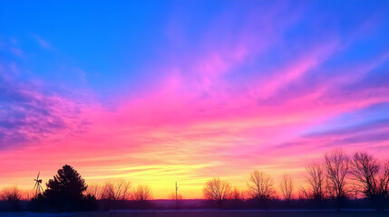 Obraz premium Vibrant Pink and Blue Sunrise Paints the Sky over a Serene Landscape