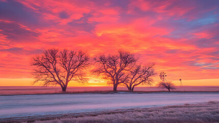 Vibrant Pink Sunrise Illuminates Silhouetted Trees and Windmill in a Snowy Landscape