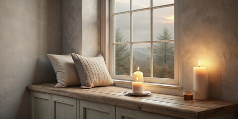Serene window seat with illuminated candles and soft pillows, offering a comforting and tranquil ambiance