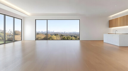 Fototapeta premium Empty Modern Apartment Interior Shows Off City View and Wood Floors Elegantly