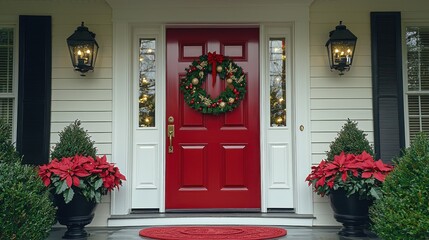Naklejka premium Festive Red Front Door Decorated for Christmas with Wreath and Poinsettias
