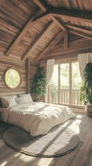 Fototapeta premium Serene Bedroom Interior Design Shows a Cozy Bed with Plants and Sunlight Quietly Illuminating the Room.