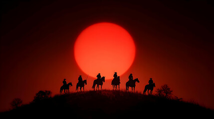 Silhouetted Horse Riders Gather on Hilltop Against a Dramatic Red Sunset Sky.
