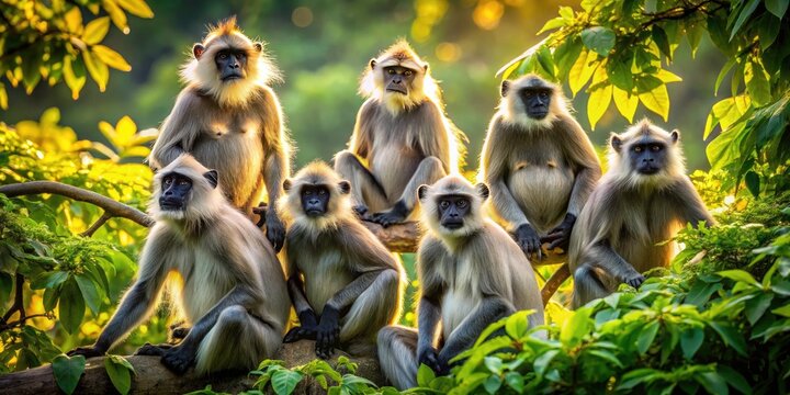 Grey Langur Monkey Aerial Photography: High-Resolution Images of Endangered Primates in Natural Habitat