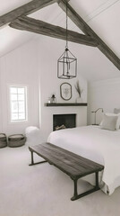 Fototapeta premium Minimalist white bedroom showcases rustic wooden beams, a modern fireplace, and cozy textiles, creating a serene retreat.