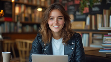 French woman in black leather jacket working with a laptop at library cafe