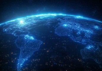 Glowing Earth at night, global network connection.