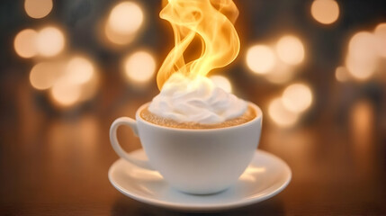Obraz premium White Coffee Cup with Whipped Cream and Emitting Magical Golden Smoke with Bokeh Lights Background