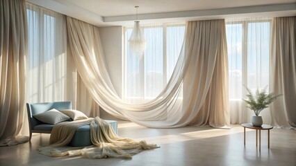 Serene Interior Design Sunlight Illuminates Elegant Draped Curtains and a Plush Chaise Lounge