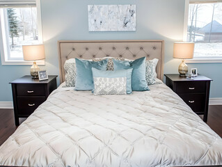 Obraz premium Elegant Bedroom Interior Design Showcases a Comfortable Bed with Stylish Pillows, Soft Lighting, and a Calming Color Palette.