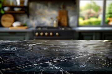 Empty black marble table top on blurred kitchen background for product display
