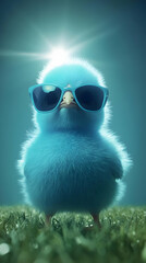 Fluffy Blue Chick Wearing Sunglasses in a Field Under the Sun