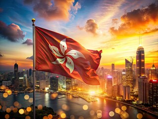 Hong Kong Flag Double Exposure Photography, Surreal Hong Kong Photo, Artistic Flag Image, Double Exposure Art, Cityscape Overlay, Red White