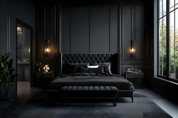 Fototapeta premium Luxurious Dark Bedroom Interior Design with Elegant Black Furniture and Paneling