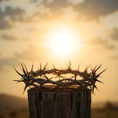 A crown of thorns is in the ground with the sun shining on it