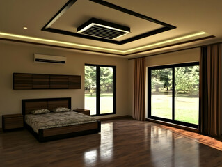 Fototapeta premium Modern Bedroom Interior Design Showcases a Cozy Ambiance with Natural Light, Wood Accents, and Minimalist Decor.