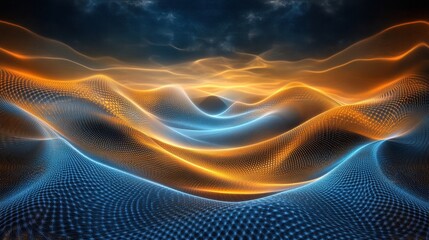 Abstract Digital Landscape of Waving Orange and Blue Grids