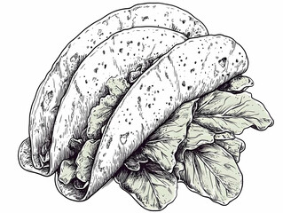 Fototapeta premium Three Soft Tacos Filled with Lettuce Drawn in Detailed Illustration Style