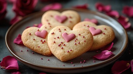 Naklejka premium Valentine's heart cookies, rose petals, plate, romantic