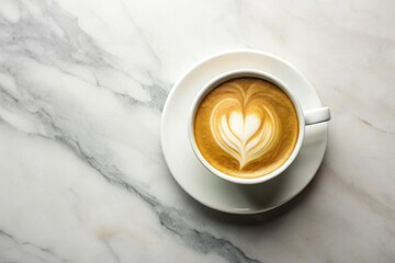 Aromatic Coffee Drink with Heart Design, Served in Elegant White Cup and Saucer on Marble Surface