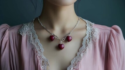 Elegant jewelry showcase: red gem necklace on lace dress