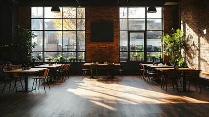 Fototapeta premium Empty Restaurant Interior Showcases Brick Walls, Wooden Tables, and Sunlight Streaming Through Large Windows